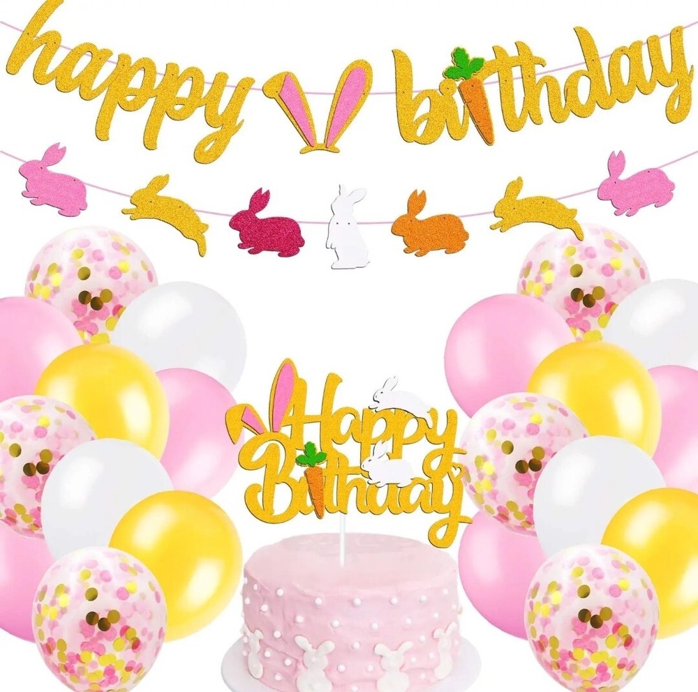 Bunny Birthday Decorations Kit Rabbit Theme Happy Birthday Banner Cake Topper 📦