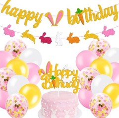 Bunny Birthday Decorations Kit Rabbit Theme Happy Birthday Banner Cake Topper 📦