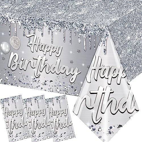 Happy Birthday Tablecloth,3pcs Sliver Table Cloths for Sliver and Glitter