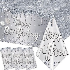 Happy Birthday Tablecloth,3pcs Sliver Table Cloths for Sliver and Glitter