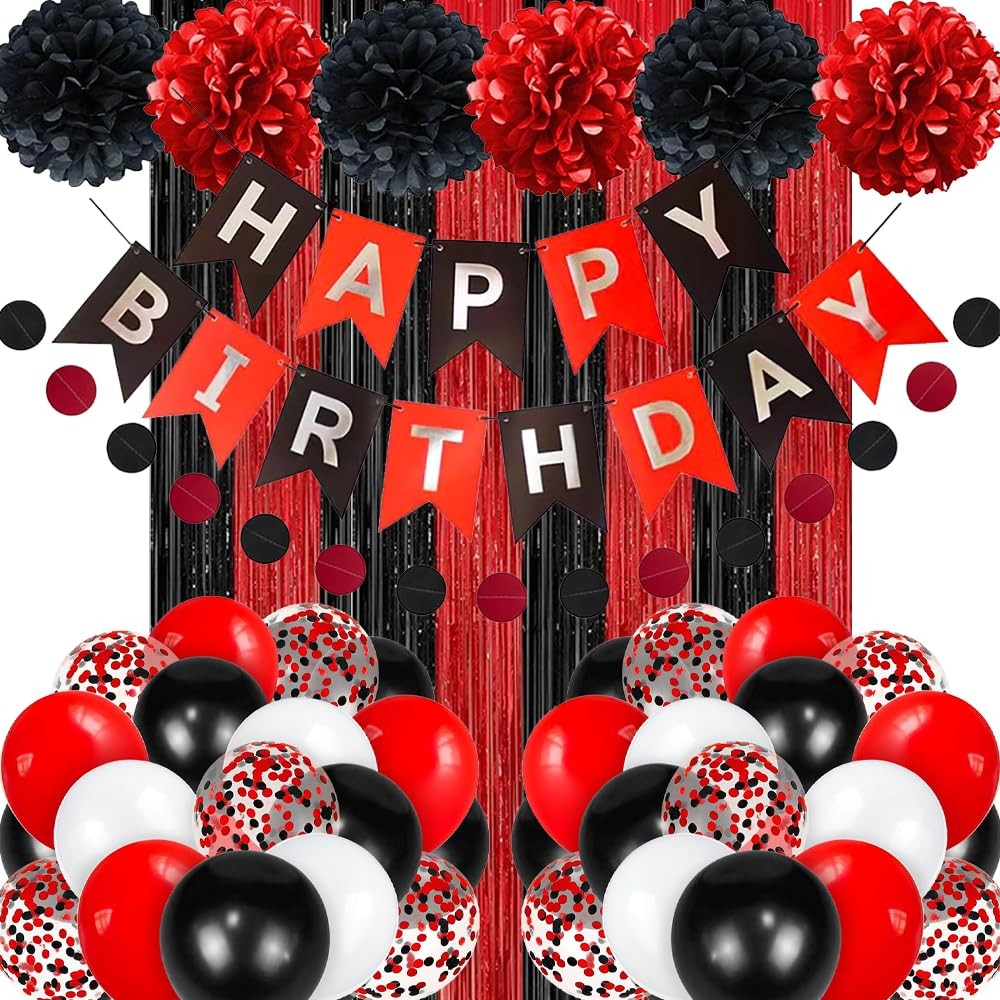 Black and Red Happy Birthday Decorations for Men Women Boys Girls, Red Birthd…