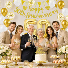 White Gold 50Th Anniversary Decor Set，Gold Glitter Happy 50Th Anniversary Banner