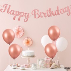 Glitter Rose Gold Cursive Happy Birthday Banner PreStrung 10 Feet | Pink Hap…