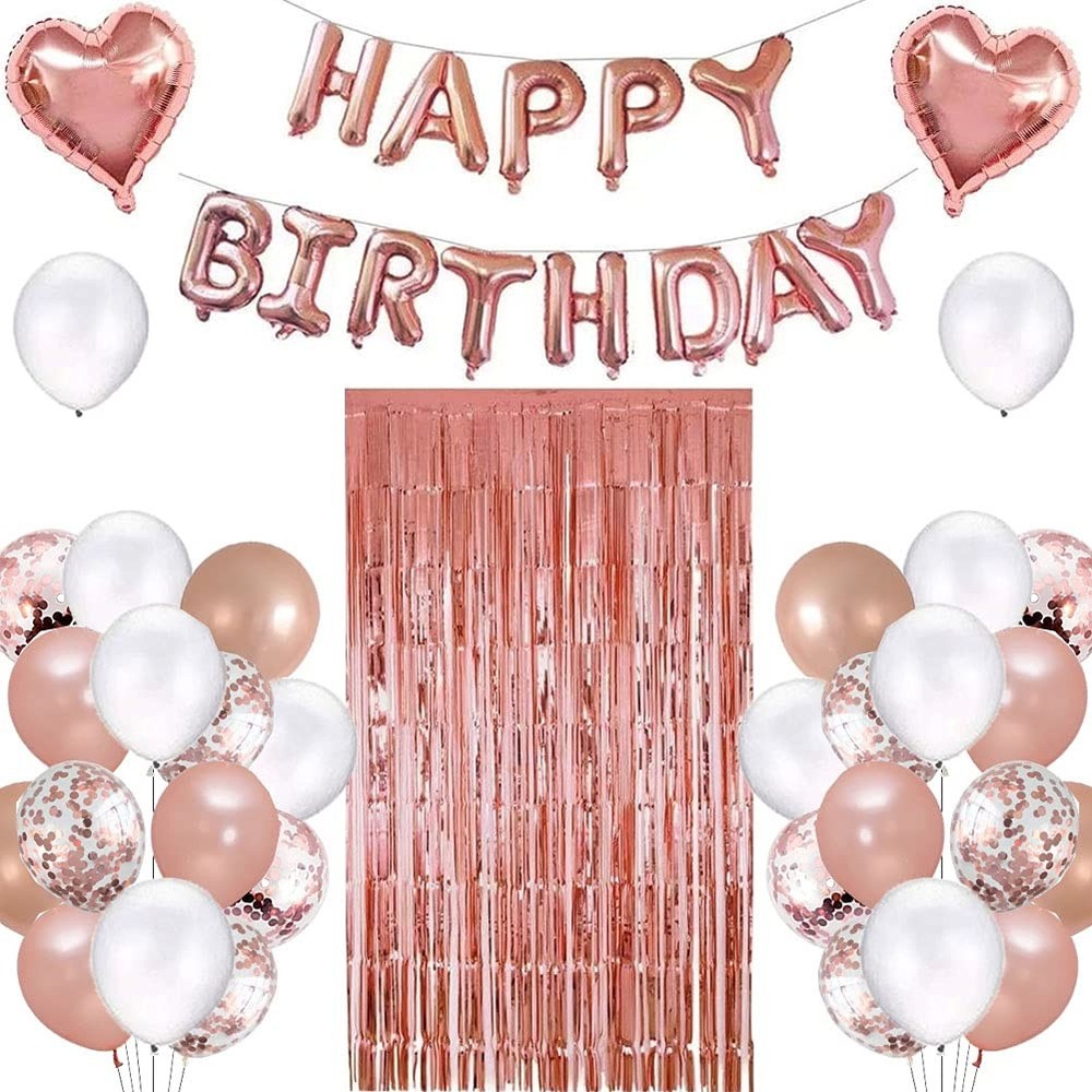 Rose Gold Birthday Party Decorations Set with Rose Gold Happy Birthday Balloo…