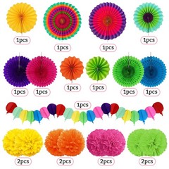 Fiesta Party Decorations, Multicolored Paper Pompoms Fan Garlands for Multi