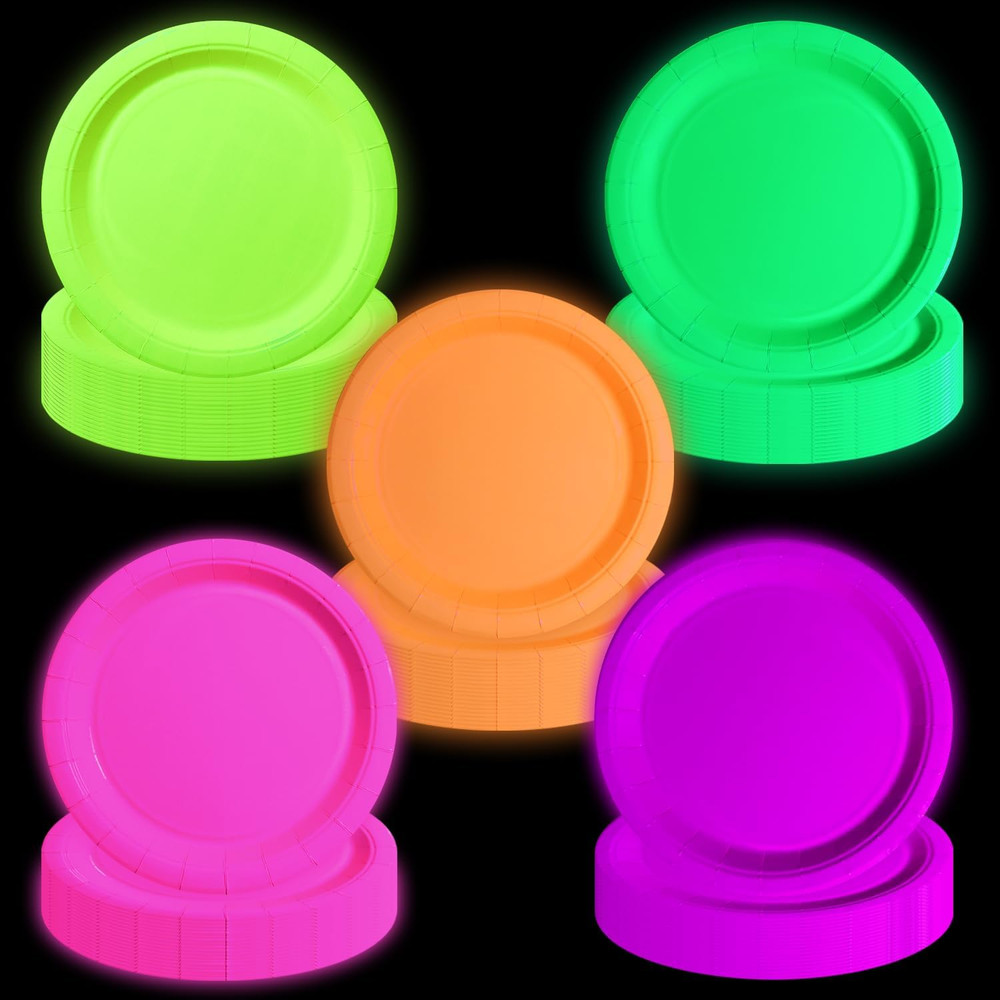 50 Pcs Glow in the Dark Neon Party Supplies, 5 Color Neon Birthday Plates Dispos