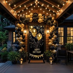 Happy Birthday Door Banner Decorations – Black and Gold Birthday Door Cover f…