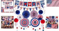 Patriotic Decorations Set 37PCS 4th of July Banner Pompoms Swirls Streamers