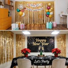 2 Pack 3.3×8.2 FT Gold Backdrop Birthday Decorations Foil Tinsel Curtain Gold…