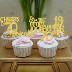 30PCS Happy 70th Birthday Cupcake Toppers Gold Glitter Seventy Straight Outta