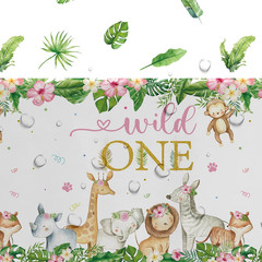 Wild One Birthday Decorations Girl Tablecloth, 3Pcs Disposable Zoo Animal Jungle