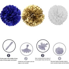 Navy Blue Gold White Paper Pom Poms Decorations for Boys Girls Birthday Gradu…