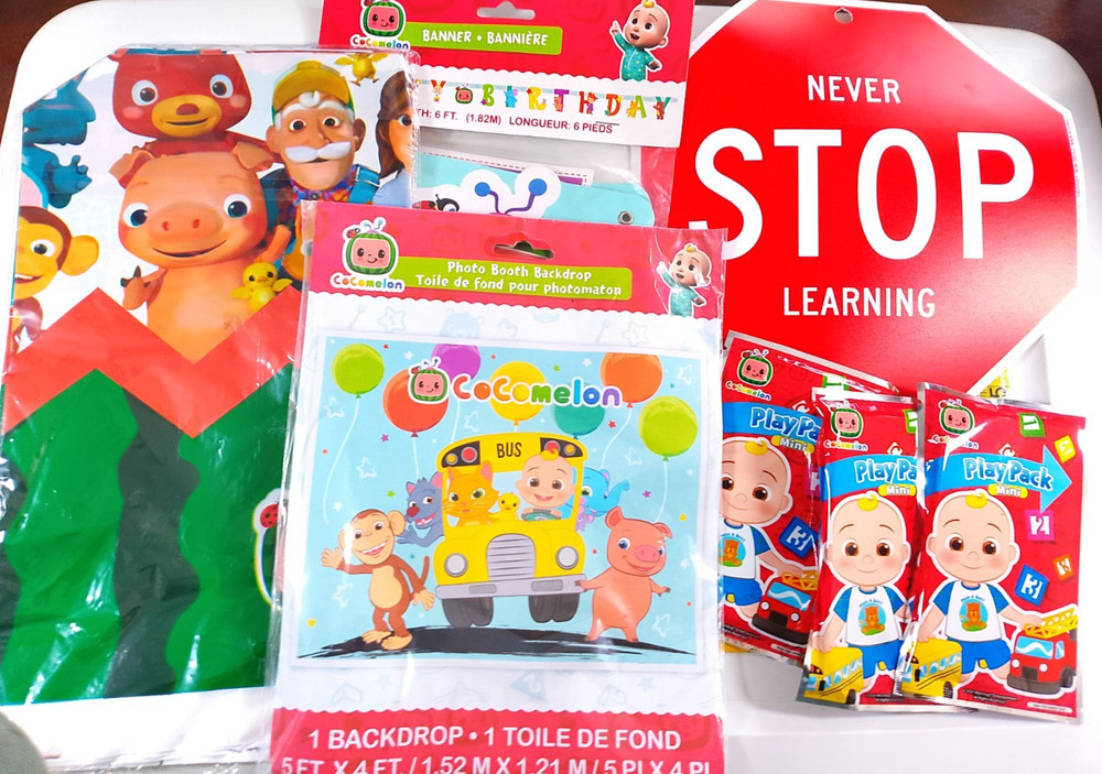 Cocomelon themed party decorations, coloring play pack for kids