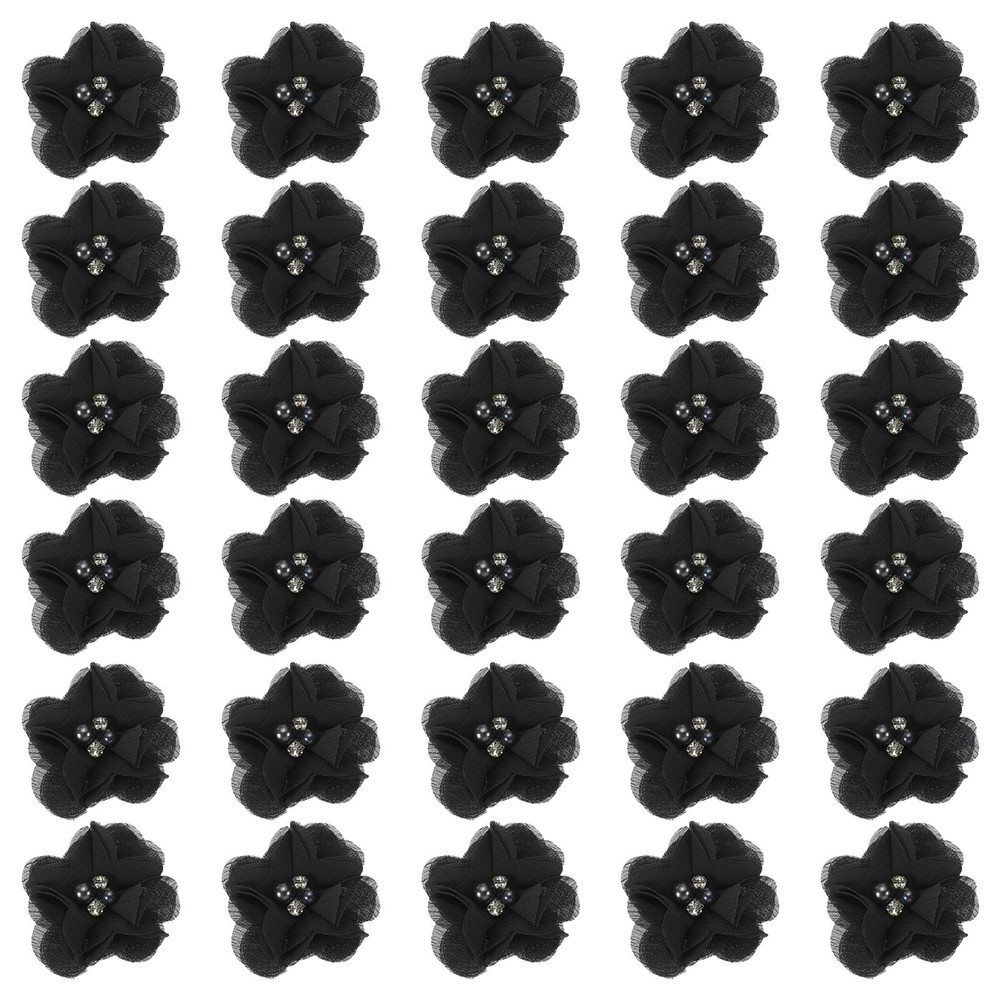 30Pcs 2″ Chiffon Flowers with Rhinestone Pearl Sewing Fabric Flowers, Black