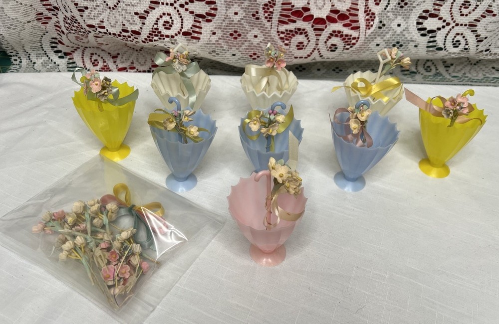 VTG 1960 Baby Shower Decorations Umbrellas Lot Of 9 Made In Hong Kong