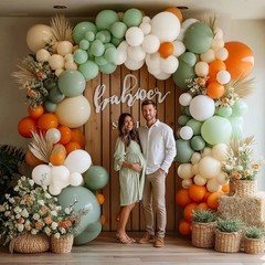 Dusty Green Orange White Balloon Garland, Double Burnt Orange Sage Green Ivor…