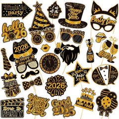 New Years Photo Booth Props 2026, Pack of 30 Black and Gold NYE Photo Props for