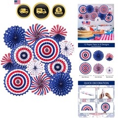 Patriotic Decorations Hanging Paper Fans 12pcs 3 Sizes Red White Blue Party D…
