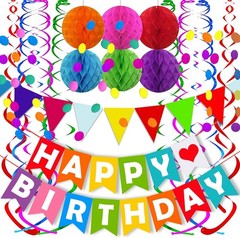Vibrant Birthday Banner with Triangle Flags, Honeycomb Balls & Confetti Garland