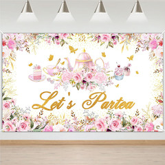 Tea Party Backdrop Floral Butterfly Glitter Let’S Partea Banner Afternoon Tea Ba