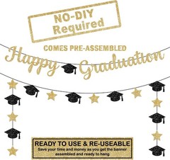 Graduation Banner Black Gold Glitter 10 Feet Pre Assembled No DIY Graduation …