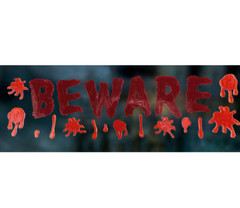 BLOODY BEWARE Window Door Gels Halloween Themed Party Decor Blood Splats Zombie