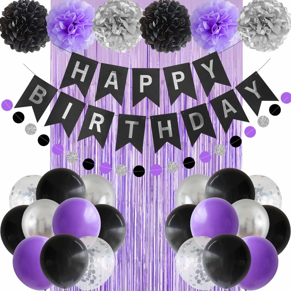 Black Purple Silver Happy Birthday Party Decorations Women Men