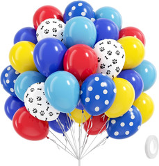 60Pcs 12Inch Dog Balloons, Royal Blue, Light Blue, Yellow, Red Paw Print for Pup