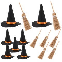Mini Felt Witch Hats Halloween Gnome Hats Broom Decor Set