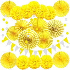 Party Decoration, 21 Pcs Yellow Hanging Paper Fans Pom Poms Flowers, Garlands…