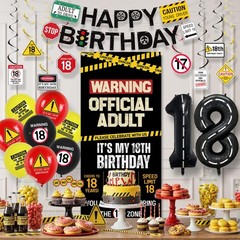 18th Birthday Party Decorations Kit, Caution Banner, Balloons & Swirls for Boys/
