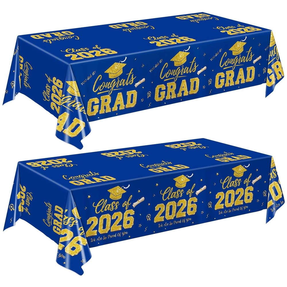Graduation Decorations 2026, Blue and Gold Graduation Tablecloths, 2 Pack Congra