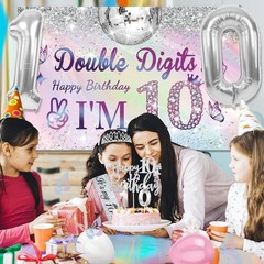 10th Birthday Decorations for Girls,49pcs Silver Dazzle Double Digits Banner,…