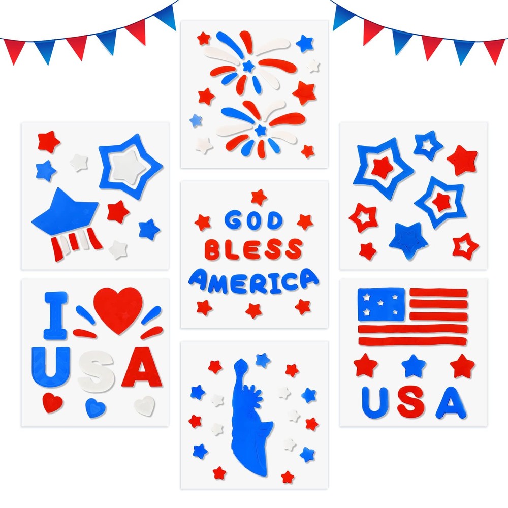 7 Sheets Patriotic Window Gel Clings American Flag Stars I Love USA Window Jelly
