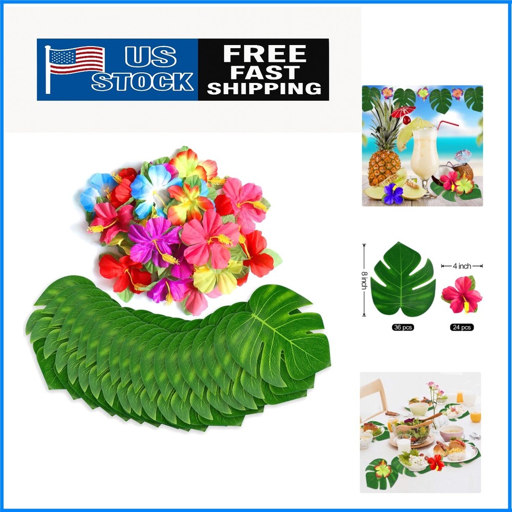 Vibrant Tropical Decorations Set – 60 Artificial Leaves & Hibiscus Flowers