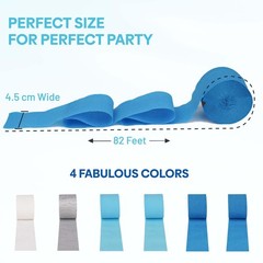 6 Rolls 492ft Crepe Paper, Light Blue, Silver, White, Streamers, Party Decor