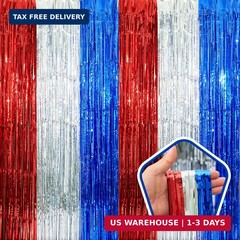 4th of July Decorations, 3 Pack Red White and Blue Tinsel Foil Fringe Curtains,