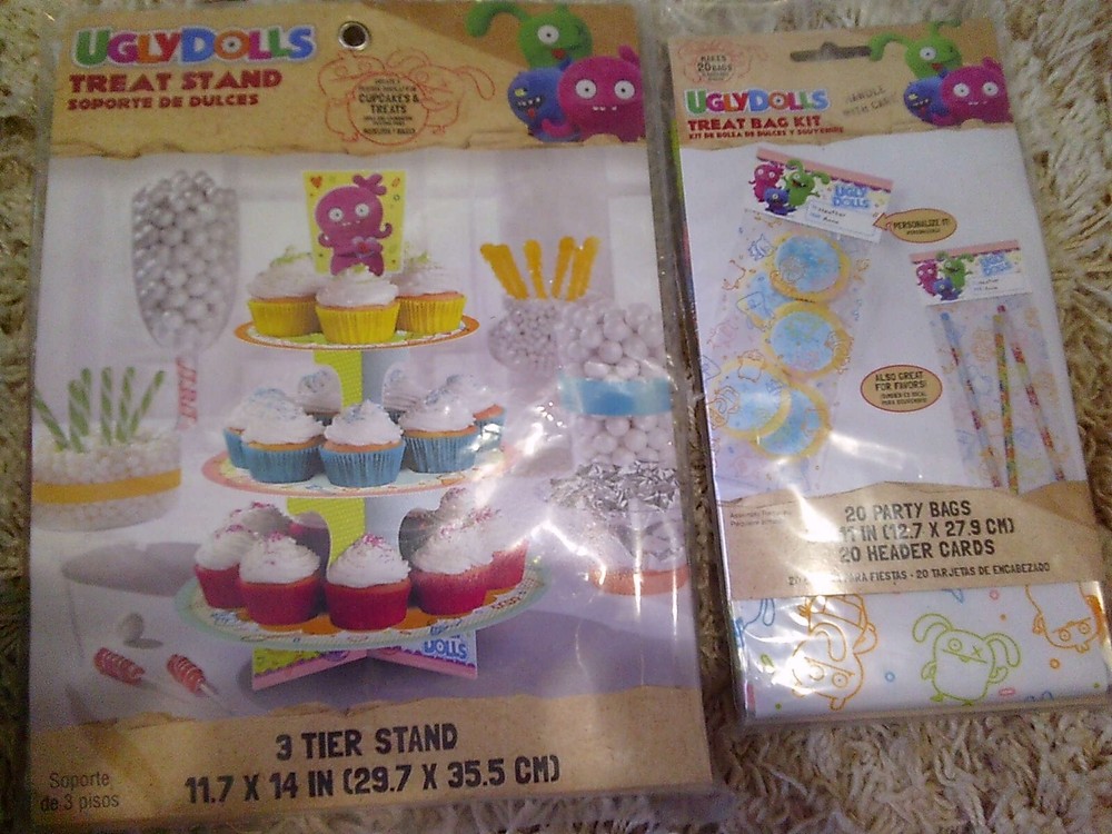 2 NEW UGLY DOLLS birthday party supplies treat bag kit & 3 tier cupcake stand