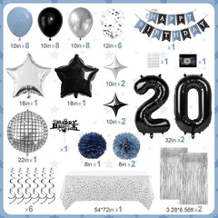 Happy 20Th Birthday Party Decorations for Boys Girls, Dusty Blue and Black Birth