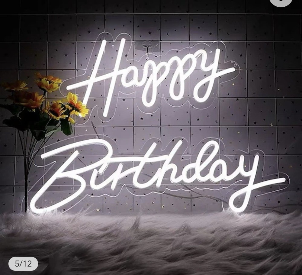 Birthday Party neon Backdrop, White «Happy Birthday» Pattern Decoration