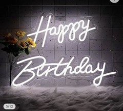 Birthday Party neon Backdrop, White «Happy Birthday» Pattern Decoration