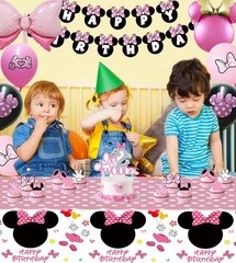 Pink Mouse Happy Birthday Banner Hanging Swirls Tablecloth Cake Topper Balloon