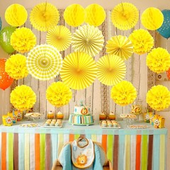 Party Decoration, 21 Pcs Yellow Hanging Paper Fans Pom Poms Flowers, Garlands…