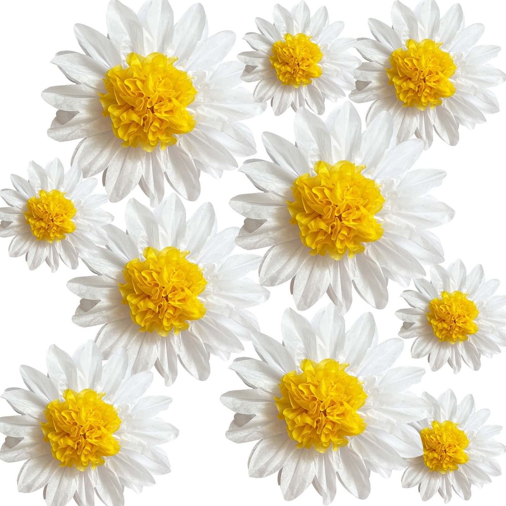 Flower Pom Poms Decor, 10 Pcs, Shower Wedding, White Yellow