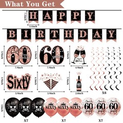 60th Birthday Decorations for Women, 33pcs Black Rose Gold
