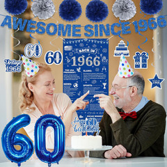 60Th Birthday Decorations Men Banner – 17 Pcs Blue Glitter Back in 1966 Birthday