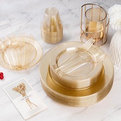Goodluck 800 Piece Gold Glitter Dinnerware Set for 100 Guests, Plastic Plates…