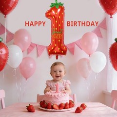 Berry First Birthday Decor, 40» Strawberry Number 1 Balloon Strawberry 1st B.