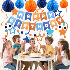 Pre-Strung Happy Birthday Decorations for Boys Men Women, Orange Blue Birthday B