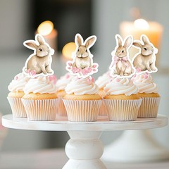 36Pcs Pink Bow Floral Bunny Cupcake Toppers Rabbit Theme Birthday Picks